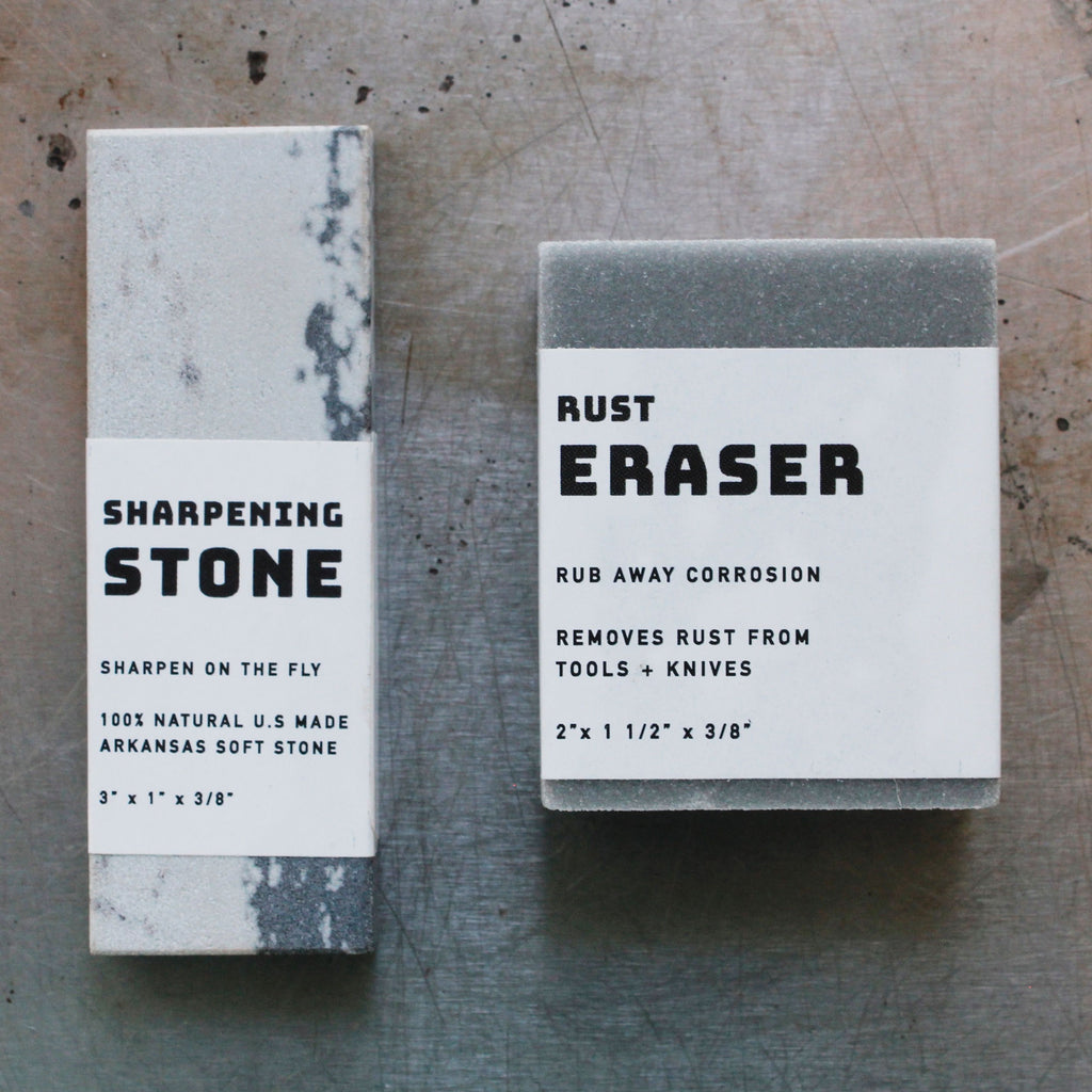 Sharpening stone and rust eraser with packaging sleeves included in the Tool Care Bundle