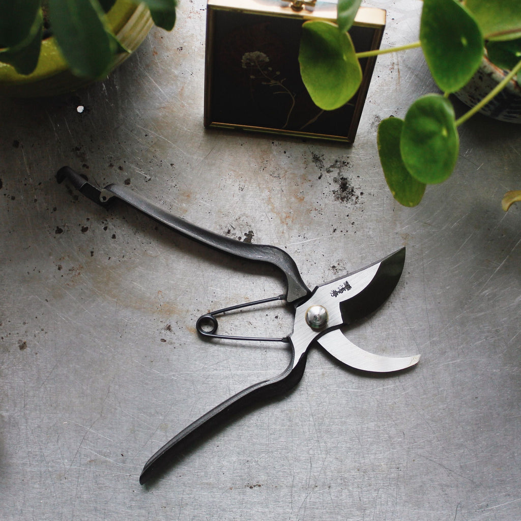 Japanese Bypass Pruners shown open on steel table